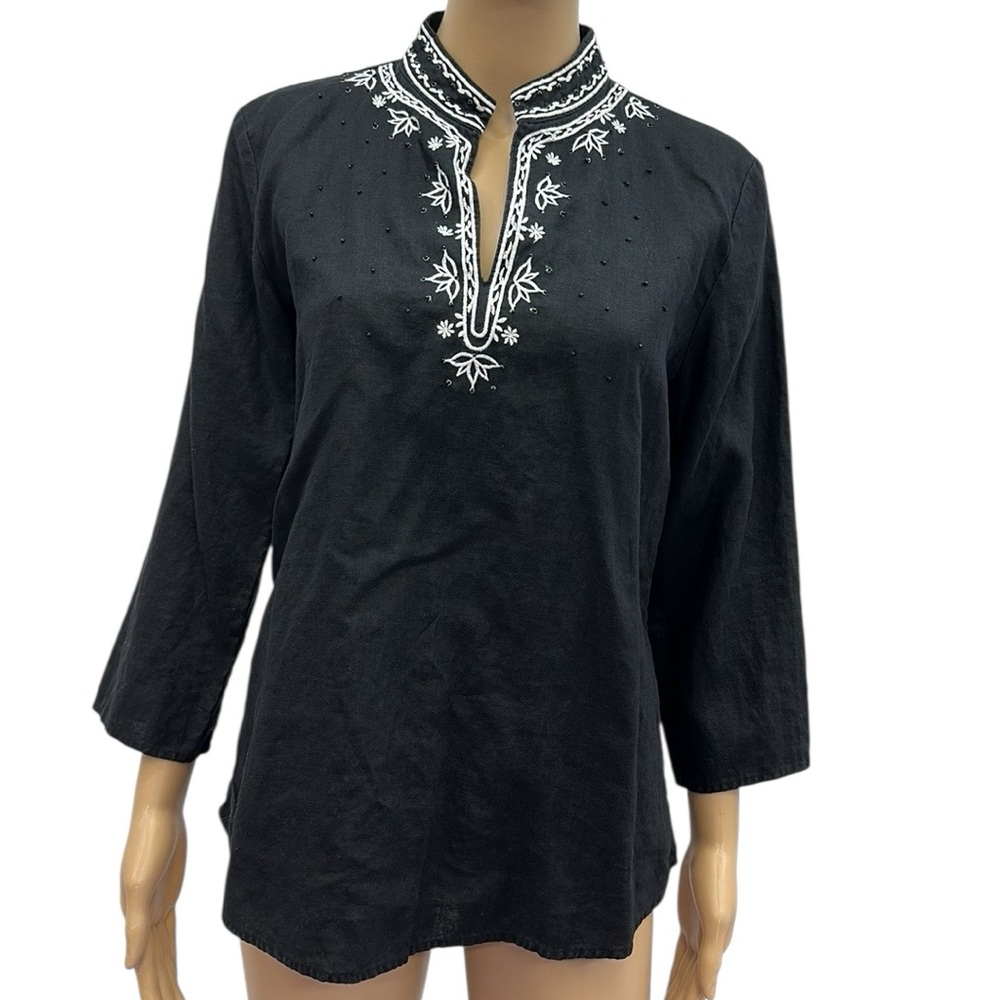 Linen Charter Club Black 3 Quarter Sleeve White Embroidered Beaded Blouse Sz 10